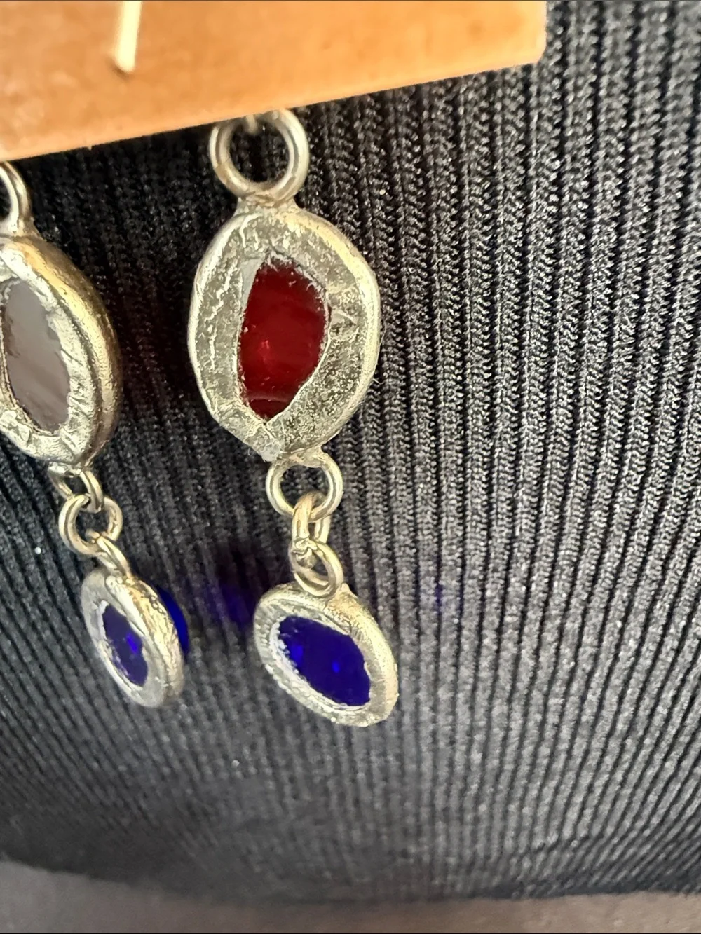 Vintage silver plated Red and Blue Glass Drop Earrings handcrafted.
